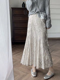 Silver Sequin A-line Fishtail Skirt Vintage Skirts for Woman Long Dress Korean Fashion Y2k Clothing Faldas Para Mujeres