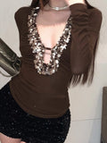 Solid V-Neck Sequin Women’s Long Sleeve Tops Y2k Slim Fit Chic Design Fashion Trendy Clothes