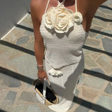 3D Flower Sexy Halter-neck Tank Top + Long Skirt Vacation Two Piece Set 2025 New Knit Hollow Out Bikini Cover-ups Summer Suit