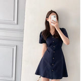 Pbong  Sweet Short Dress Women's Summer New Style High Waist Slim Fit V-neck Korean Version Commute A-line Skirt Bubble Sleeve