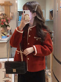 Red Faux Lamb Sweet Coat Women Korean Long Sleeve Winter Warm Jacket Vintage Casual O Neck Elegant Pearls Buttons Cute Tops