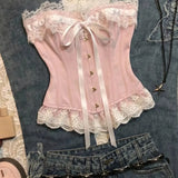 2000s Japanese Style Harajuku Slim Camis Y2k American Vintage Sexy Hot Girl Sleeveless Top French Elegant Lace Patchwork Tanks