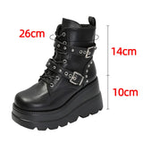 Pbong  Women's Gothic Chunky Platform Ankle Boots Thick Bottom Wedges PU Leather Combat Shoes Woman Rivet Buckle Decor Black Punk Boots