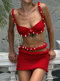 Sexy Crochet Applique Patchwork 2 Piece Set Women  Backless Crop Tops+Bandage Hollow Skirts Vacation Beach Party Suits