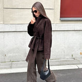 Elegant Women's Belt Suede Jackets Lace Up Lapel One Button Long Sleeve Coat 2025 Autumn Lady Vintage Loose Street Outwearrs