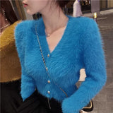 V Neck Cropped White Mohair Knitted Cardigan Retro Casual Lazy Oversized Sueters Sweaters for Women Solid Fur Clothes Jacket