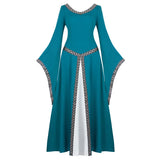 Women Medieval Renaissance Trumpet Sleeve Retro Loor Length Gown Lace Trim Irish Over Long Dress Halloween Costume Plus Size