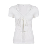 Pbong  High Street American Spliced Lace Fake Two Piece Y2k Pleated Bow Design Spice Girl Clothes Summer Sweet Casual Punk Tops