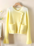 Gradient Yellow Sweet Cardigan Women Elegant Lazy Wind Long Sleeve Knitted Sweaters Vintage Design Female Fall Pockets Tops New