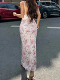 Pbong   Sexy Slim Summer V Neck Spaghetti Strap Sleeveless Flower Print Backless Long Fashion Dresses