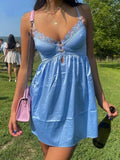Pbong  Summer Sexy Chic Strappy Mini Dresss Lace Sleeveless Backless Ruffles Blue Holiday Women Ladies Party Dresses Vestidos