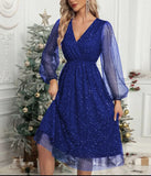 Pbong  Women's Elegant V-neck Slim Fit Solid Color Dress Patchwork Mesh Perspective Powder Spray Party Dress Formal Evening Gown