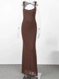 Elegant Bead Mesh Patchwork Long Dress For Women Backless O-neck Sleeveless Slim Robes Shiny Party Club Sexy Dresses