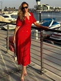New Red Knitting Long Dress Summer Turn Down Collar Fashion Women Dress Puff Sleeve Single Breasted Elegant Chic Vestido