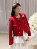 3D Floral Red Tweed Jacket Women Sweet Slim O Neck Vintage Short Coat Korean Casual Fall Winter Long Sleeve Elegant Tops