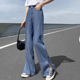 Pbong  Korean Soft Jeans Women Summer Ultra-thin High-waisted Straight Drape Ice Silk Denim Pants Youth Simple Casual Wide-leg Trousers