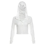 Hooded Long Sleeve Crop Tops Sheer Knit White Casual Shirts for Women Korean Fashion Clothes