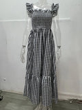 Pleate Loose Retro Sleeveless Checkere Dress Summer Fashion Women's Bohemian Casual Large Hem Dress Slip Dress Beach Sundress