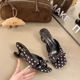 Pbong  French Polka Dot Bow Kitten Heel Mules for Women Summer Open Toe Slide Sandals Elegant Party Dress Slippers