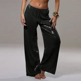 Pbong  Sequin Loose Lace Up Pants Women Casual Elastic Low Waist Wide Leg Trousers Female Summer Lady Shiny Party Club Pant New