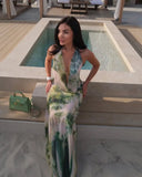 Women Fashion Tie Dye Printing Sheer Maxi Dress Sexy Pleated Deep V-neck Bodycon Maxi Dresses Vocation Beach Party Robe