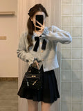 Elegant Women Knitted Cardigan Bow Cute Long Sleeve O-Neck Bright Silk Single Breasted Korean Style Sweater Party Autumn