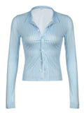 Sweetown American Retro Casual Long Sleeve Stripe Shirts For Women Button Up Turn Down Collar Slim Basic Preppy Autumn Tops
