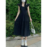 Pbong  Black Summer New Women's Dress Sleeveless High Waist A-Line Skirt Clean Fit Cotton Fabric Square Collar Backless Fashion
