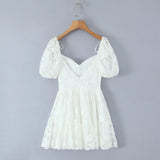 Pbong  White Lace Low Waist Short Ball Gown Dress Women With Pad Chest Bow Short Puff Sleeve Backless Mini Dresses Summer Robe