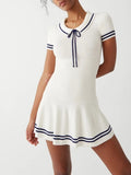 Lapel Lace-up Knit Short Dress New Fashion Casual A-line Mini Dress For Women Academic Style Pleat Summer Female Vestidos