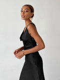 Draped V-Neck Classy Evening Long Dress Women Black Satin Formal Dress Sleeveless Floor-Length Sexy Bodycon Dresses