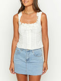 Vintage Y2K Sweet Ruffles White Tank Tops Single-Breasted Slim Cute Fairy Eyelet Tops Women 2024 Ladies Chic Camisole Clothes