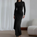 Elegant O-neck Draped Irregular Long Dress Women Causal Long Sleeve Solid Party Dress Fashion Hight Waist Slim Evening  Dresses