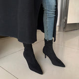 New Women Sock Ankle Boots Fashion Black Slip On Ladies Elegant Dress Short Boot Thin High Heel Dress Chelsea Shoes