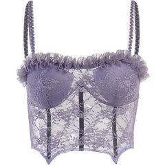 Gothic Lace See Through Corset Tank Women Tube Tops Camisole Purple Cropped Top Sexy Vintage Aesthetic Skinny Vest
