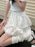 Pbong  Cute Bow White Skirts Women Sweet High Waist Lace Patchwork Mini Skirt Korean Fashion Preppy Style Lady Elegant Cake Skirts