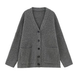 Oversized Cardigan Women Long Sleeve Pocket Front Button-up Rib Knit Sweater Jacket Teen-girl Autumn Winter Preppy Daily Outfit