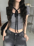 Short Sleeve Lace Up Striped Shirts for Women Harajuku Y2k Top Camisetas Grunge Clothes Y2k Graphic T Shirts Crop Top Ropa Mujer