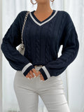 Striped trimmed twisted flower knitted shoulder sweater