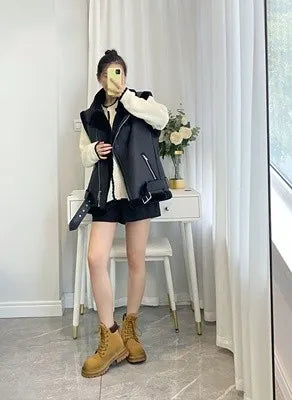 Woman Winter Reversible Cotton Imitation Leather Vest Fashion Sleeveless Jacket Windproof Casual Warm Coats