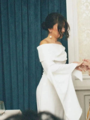White Sheath Off-The-Shoulder Prom Dress Floor-Length Long Sleeves Evening Dress Wedding Party Dress Elegant Dresses