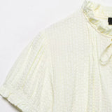 Pbong  Women Ruched Trim Round Collar Tops Fashion Single Breasted Puff Short Sleeve Blouses Female Bow Lace-Up Pleated Elastic Shirts
