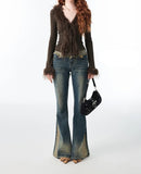 Korean Sexy Fashion Grunge Cardigan Y2k Aesthetic V-neck Jacket Women Harajuku Vintage Bandage Fur Patchwork Coat 2025 Autumn