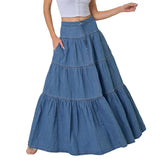 Pbong  Women's Denim Long Skirt High Waist Layered Ruffle Flowy A-Line Jean Skirt for Summer Fall