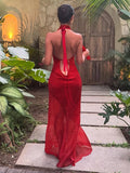 Sexy Deep V Halter Polka Dot Dress For Women Backless Ribbon Long Dress Slim Female Summer New Vacation Maxi Dress