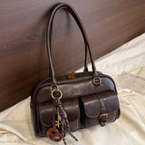 Pbong  Black Glossy Boston Underarm Bag with Pearl Bow Women's Daily Commuter Purse