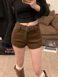 Pbong  British Style Spicy Girl Coffee Faux Woolen Shorts for Women Fall/Winter New Low-Waisted Straight Casual Short Pants Street Wear