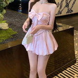 Pink Satin Strapless Knitted Dress Birthday Girl's Gown Floral Skirt Sexy Style Mid Waist Short Length No Sleeve Vintage Art