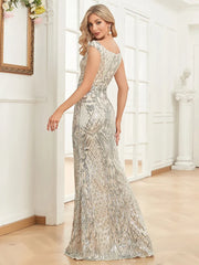 Elegant V Neck Silver Sequin Evening Dress Women Sleeveless Party Maxi Mermaid Dress Long Luxury Prom Gown Dress