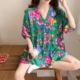 Pbong  Loose Floral Printing Pajama Set Summer New Women Night Wear Pj Set Half Sleeve Knee V-neck Sleepwear Femme Nightie